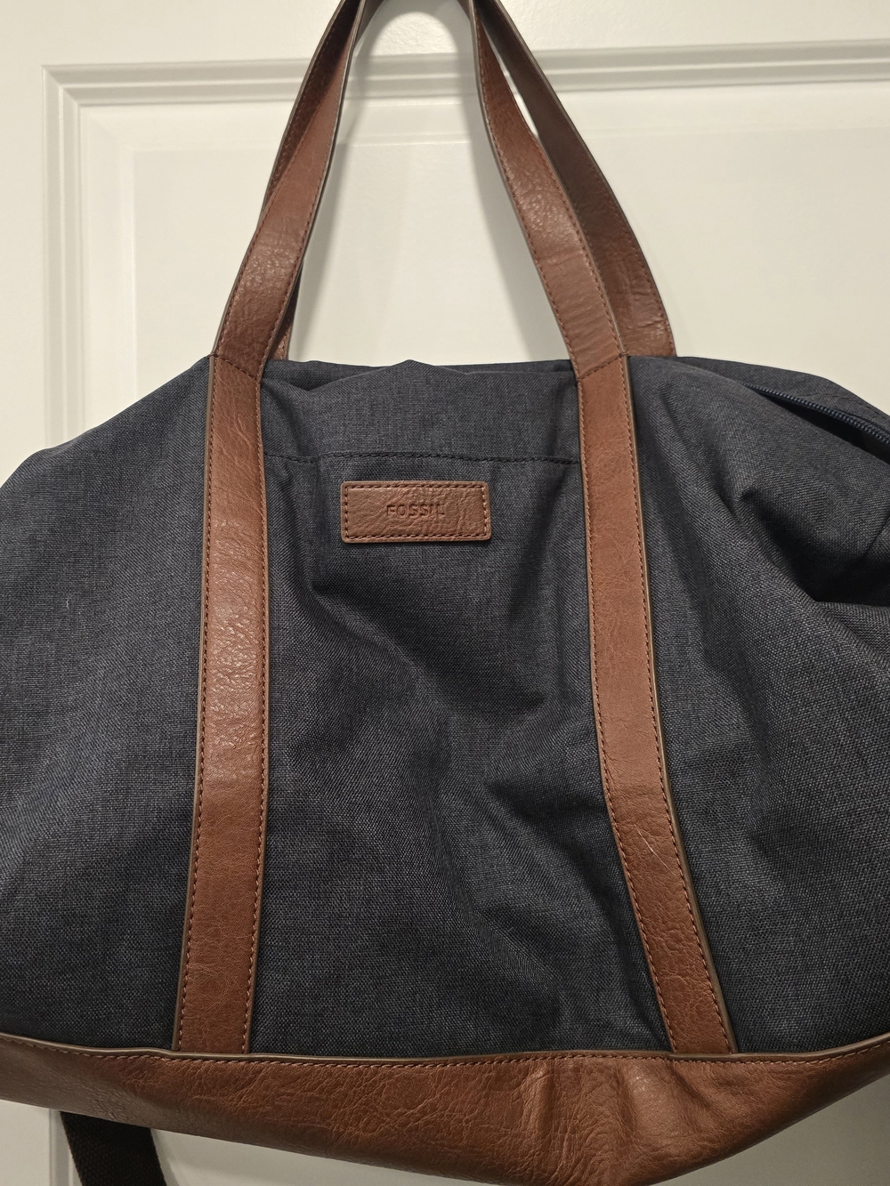 Fossil Men’s Denim Canvas & Brown Leather Duffle Bag